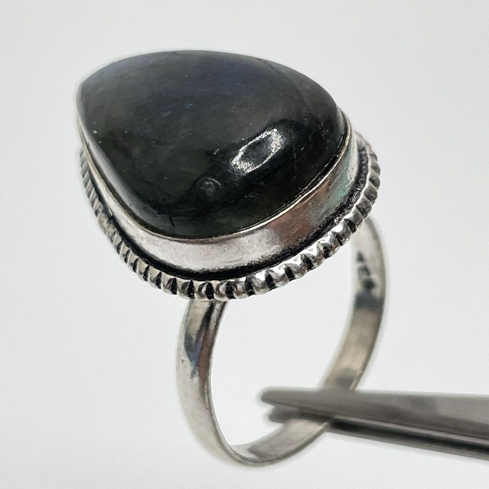 Teardrop Shaped Labradorite Gemstone Silver Ring Statement Boho Sz. 6.5